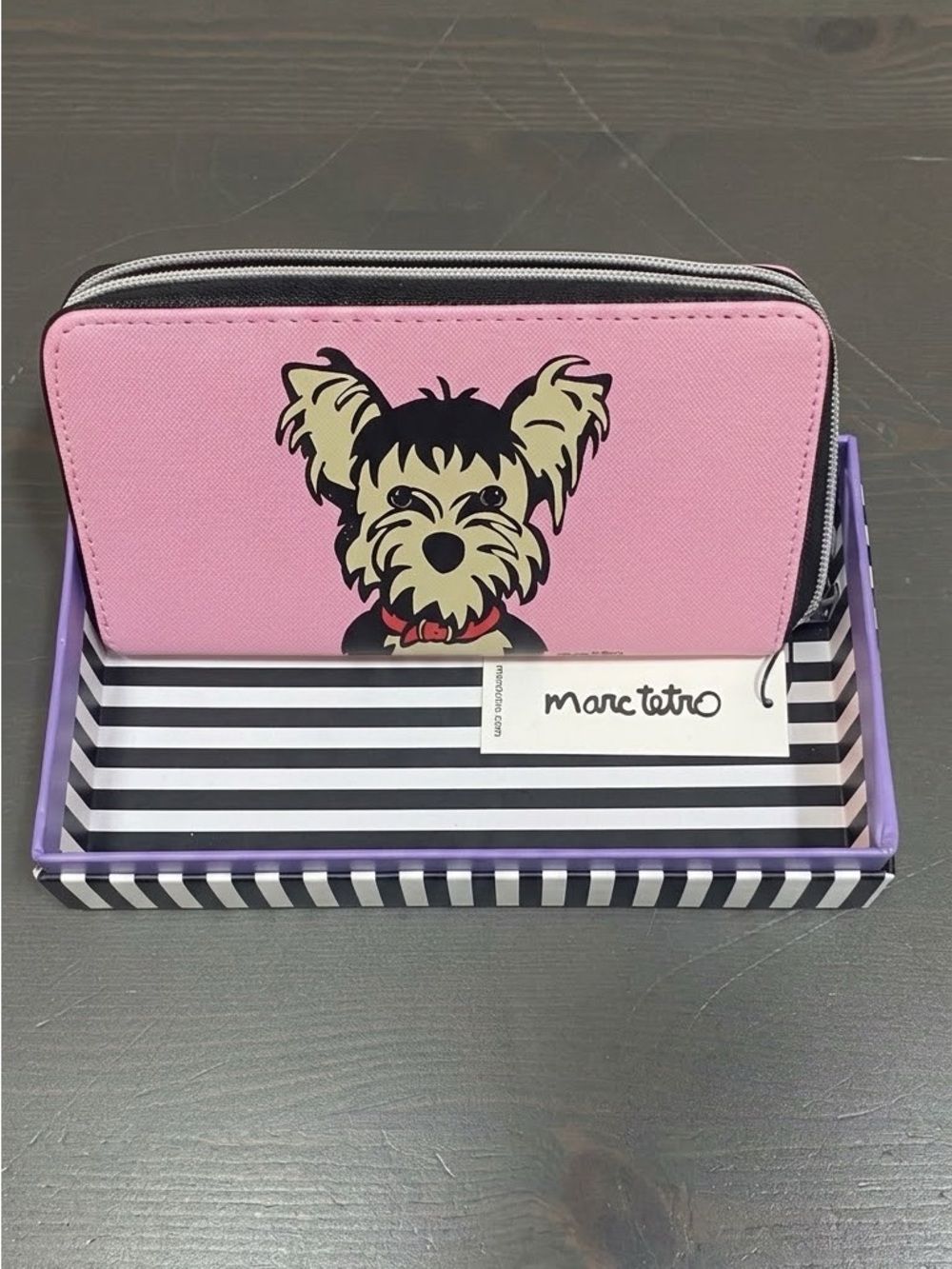 Marc Tetro Yorkie Zip Around Wallet Pink Black Striped Yorkshire Terrier NWT Box